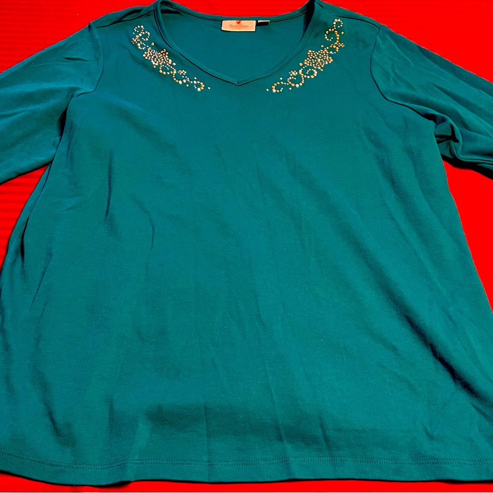 Pre-Owned Teal Quacker Factory Gold Embellished 3/4 Sleeve Shirt